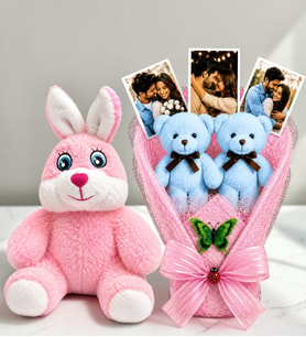 Kişiye Özel 3 Fotoğraflı Mavi Peluş Ayıcık Buketi ve Pembe Peluş Tavşan Kadına Hediye Sevgiliye Hediye