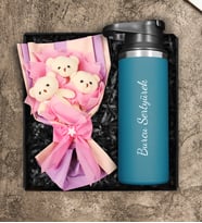 Kişiye Özel Çelik Termos & Üçlü Peluş Ayıcık Buketi
