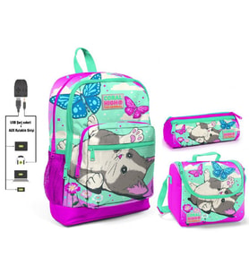 Coral High Sevimli Kedi ve Kelebek Kız Çocuk İlkokul Çanta Seti - USB Çıkışlı