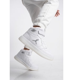 Cool Beyaz-Pudra Cırtlı Basket Tarzı Bilek Boy Sneaker Kız Çocuk Spor Ayakkabı Haykat Uzun Air