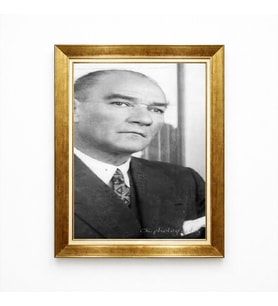 Tablore Atatürk Siyah Beyaz Nostaljik Fotoğraf Altın Çerçeveli Tablo - Klasik Atatürk Portresi