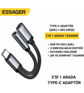60W Şarj 2in1 Type-C to Aux Dönüştürücü Çevirici Hızlı Şarj +3.5mm Kulaklık Çıkışı, Hifi Ses ve Hızlı Şarj Adaptörü