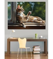 Pencere Kenarında Sigara İçen Kedi Dekoratif Kanvas - Mdf Ahşap Tablo