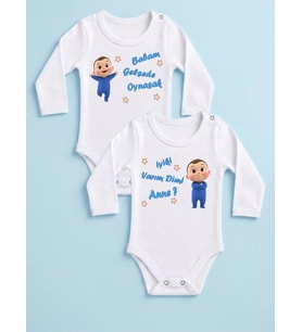 2'li Anne Baba Temalı Baskılı Erkek Bebek Body Zıbın