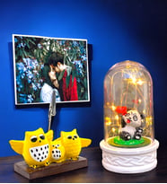 Fotoğraflı Hediye Seti  Led Işıklı Fanus & Baykuş Temalı Fotoğraf Tutucu  Kişiye Özel Hediye Seti (Model 5)