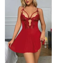 Arias Closet Kırmızı Dantel İşlemeli Göğüs İp Detaylı Fantezi Tül Gecelik Takımı