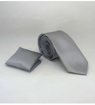 Gri Slim Fit (ince) Düz Renk Mendilli Saten Kravat - SS-04 (Renksiz)
