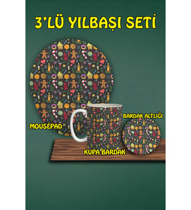 Yılbaşı Temalı 3'lü Bilek Destekli Mousepad Kupa Ve Bardak Altlığı Seti