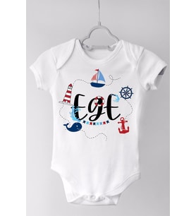Unisex Bebek Beyaz Deniz Temalı Ege Çıtçıtlı Kısa Kol Body Zıbın