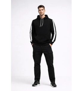 Erkek Şeritli Kapüşonlu Sweatshirt Oversize 3 Iplik Pamuklu - Siyah