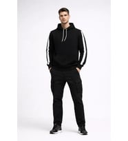 Erkek Şeritli Kapüşonlu Sweatshirt Oversize 3 Iplik Pamuklu - Siyah