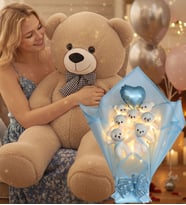 Sevgiliye Özel 90 cm Peluş Ayı ve LED’li Mavi Ayıcık Buketi Kalp Balonlu Sevgililer Günü Hediye Seti (Bej)