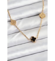 316L Çelik Zincir Gold Renk Siyah ve Zirkon Taşlı Baby Boy Yonca Kadın Kolye TJ-BKO10592