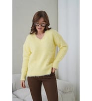Kadın V Yaka Sakal Dokulu Şardonlu Oversize Triko Kazak 8695 (Sarı)