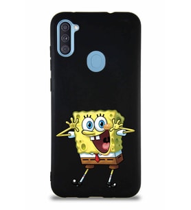Samsung Galaxy M11 Soft Premier Kapak Sünger Bob Tasarımlı Silikon Kılıf - Siyah (Şeffaf)