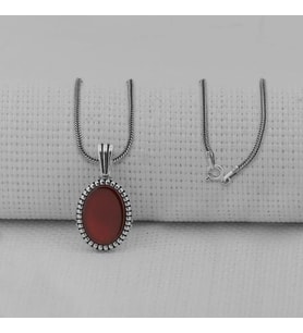 Kırmızı Akik Taşlı Oval 925 Ayar Gümüş Erkek Kolye