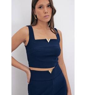 Yaka Gold Aksesuarlı Bluz - LACİVERT