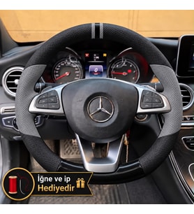 Mercedes GLC Dikme Direksiyon Kılıfı Delikli Deri Parlak Siyah Gri Detay Çift Yüzük ve Dikiş 2015-2019