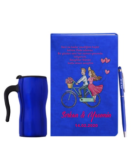 Sevgililer Gününe Özel Mavi Defter Kalem & Termos Mug Hediye Seti 10