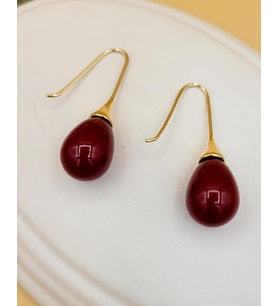 Bordo Uzun Damla Gold Küpe