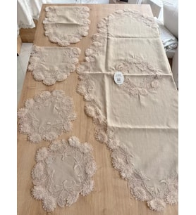 Salon Takımı Çeyizlik Kapiçino Runner Set 5 Parça Keten Masa Örtüsü Runneri Flowers