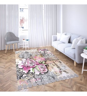 Gül Çiçek Desenli Çerçeveli Dijital Baskı Yıkanabilir Kaymaz Taban Vintage Salon Halısı ve Yolluk (Pembe)