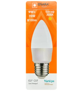 (1 Adet) Osaka 9W (70W) Sarı Işık (3000K) E27 Duylu (Kalın Duy) Led Mum Ampul