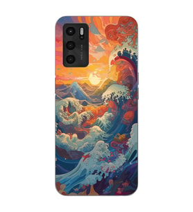 Oppo A16 / A55 Uyumlu Kanagawa Dalga ve Doğa Tasarımlı Şeffaf Telefon Kılıfı