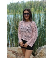 Pembe Renk Ajurlu Triko Crop Kadın Bluz