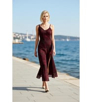 Kadın Midi Elbise A Kesim V Yaka Kalın Askılı Kolsuz Soyut Çiçek Desenli Şifon Dokuma Astarlı