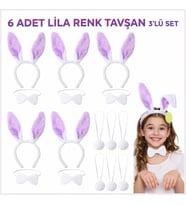 Lila Tavşan Sahne Seti 6&amp;#39;lı Set Taç Papyon Kuyruk