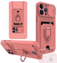 Uyumlu Model Apple iPhone 13 Pro Kılıf Kartlıklı Magnetli Lens Kapatmalı (Pembe)