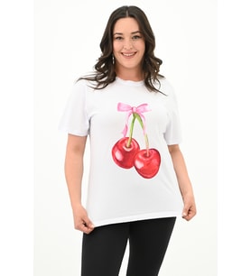 Kadın Büyük Beden Kiraz Baskılı T-shirt 1785-24 (Beyaz)