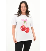 Kadın Büyük Beden Kiraz Baskılı T-shirt 1785-24 (Beyaz)