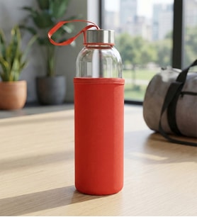 Hediyelik Özel Kılıflı 500mL. Cam Matara (Kırmızı)