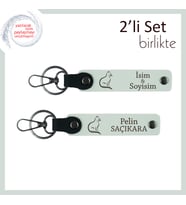 Evcil Dostun Onuruna, Kedili Hediye, Kişiye Özel Yazılı 2’li Anahtarlık, Beyaz-Beyaz