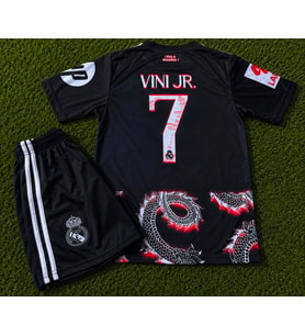 Yeni Sezon Real Madird 2025/26 Sezonu VINI JR Dragon Desenli Konsept Çocuk Forması 2Li Set siyah