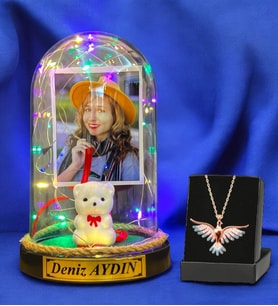 Kişiye Özel Renkli Led Işıklı Fanus ve Renkli Zümrüdü Anka Kuşu Kolyesi (Model 1)