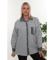 %100 Cotton Rahat Kalıp Çizgili Büyük Beden Kadın Uzun Kollu Gömlek (Siyah)