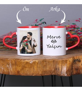 Sevgiliye Hediye Kırmızı Kalp Kulplu Fotoğraflı Kişiye Özel 2'li Kupa Bardak Seti (Beyaz - Kırmızı)