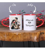 Sevgiliye Hediye Kırmızı Kalp Kulplu Fotoğraflı Kişiye Özel 2'li Kupa Bardak Seti (Beyaz - Kırmızı)
