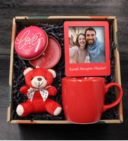 Kişiye Özel Fotoğraflı Çerçeve & Love Metal Mum & Mini Peluş Ayıcık & Kırmızı Kupa Hediye Seti