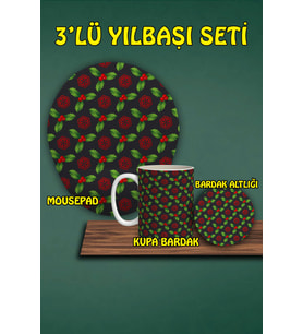Yılbaşı Temalı 3'lü Mousepad Kupa ve Bardak Altlığı Seti
