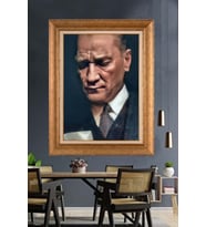 Altın Varaklı Çerçeveli Paspartulu Atatürk Tablo nh320 (Gold)