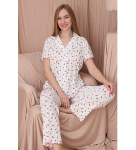 Mirano 1703 Güllü Pointel İnce Kumaş Düğmeli Kısa Kollu Kadın Pijama Takımı