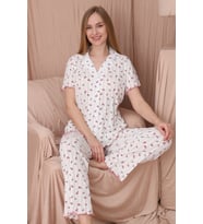 Mirano 1703 Güllü Pointel İnce Kumaş Düğmeli Kısa Kollu Kadın Pijama Takımı