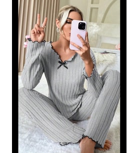 Fantezia Night Kadın Gri Çizgili Uzun Kollu Fiyonk Detaylı Pijama Takımı Rahat Mevsimlik