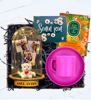 İsimli, 3 Fotoğraflı ve Işıklı Fanus & Pembe Kahve Fincanı  Kişiye Özel Premium Set (Model 3)