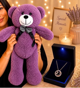 Işıklı Kutusunda 925 Ayar Gümüş Renkli Taşlı Yuvarlak Kelebek Yuvası Kadın Kolye – Mor Peluş Ayıcık Hediyeli