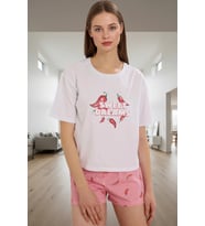 Kadın Kısa Kollu Bisiklet Yaka Pamuklu Pijama Takımı Yazlık Rahat Homewear Seçkin Malzeme (Beyaz)